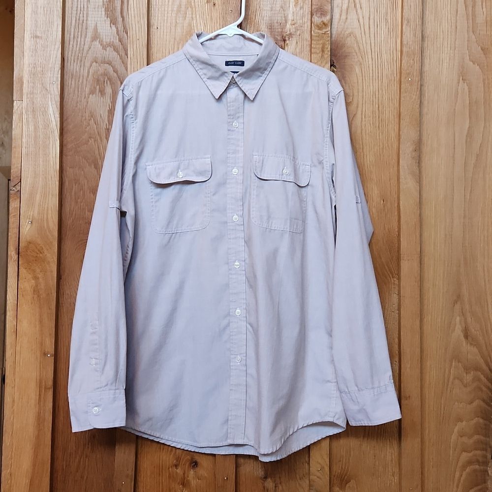 CHAPS Men's Easy Care Long Sleeve Button Down Shirt, Medium, Tan & White